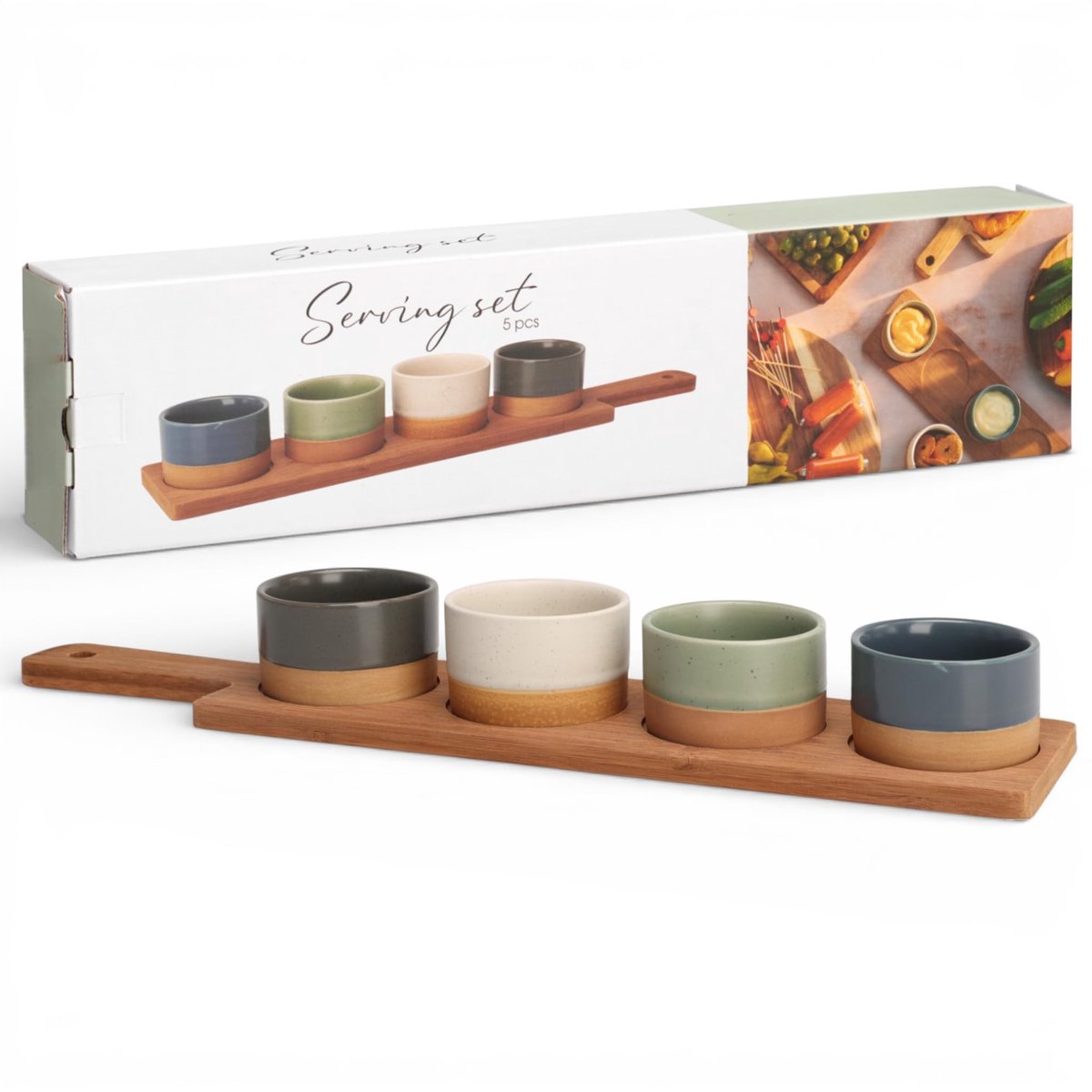 Dailygoods - 5-delige Serveerset met Stenen Schalen en Bamboe Dienblad