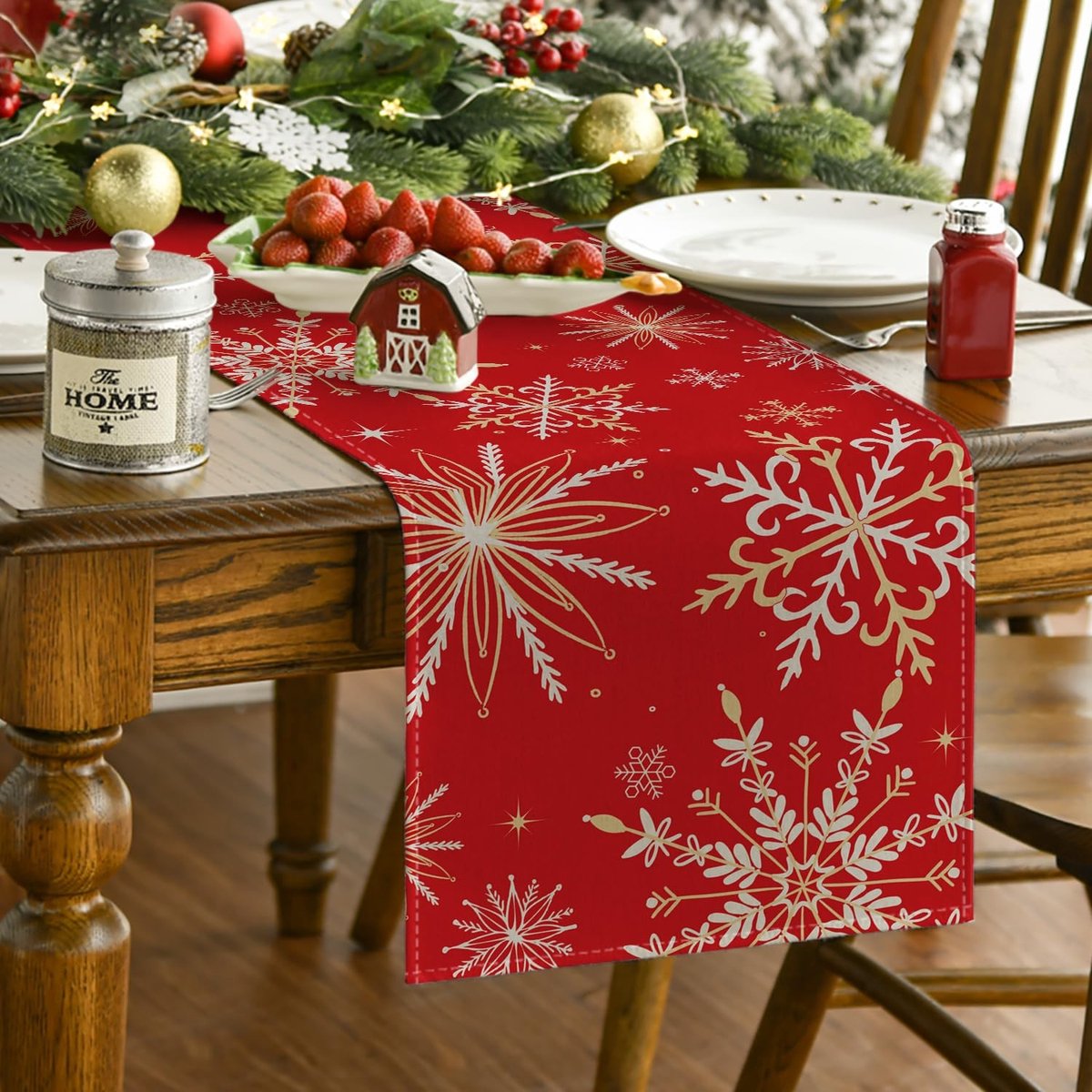 Dailygoods - Tafelloper met Rode Gouden Sneeuwvlokken voor Kerstmis
