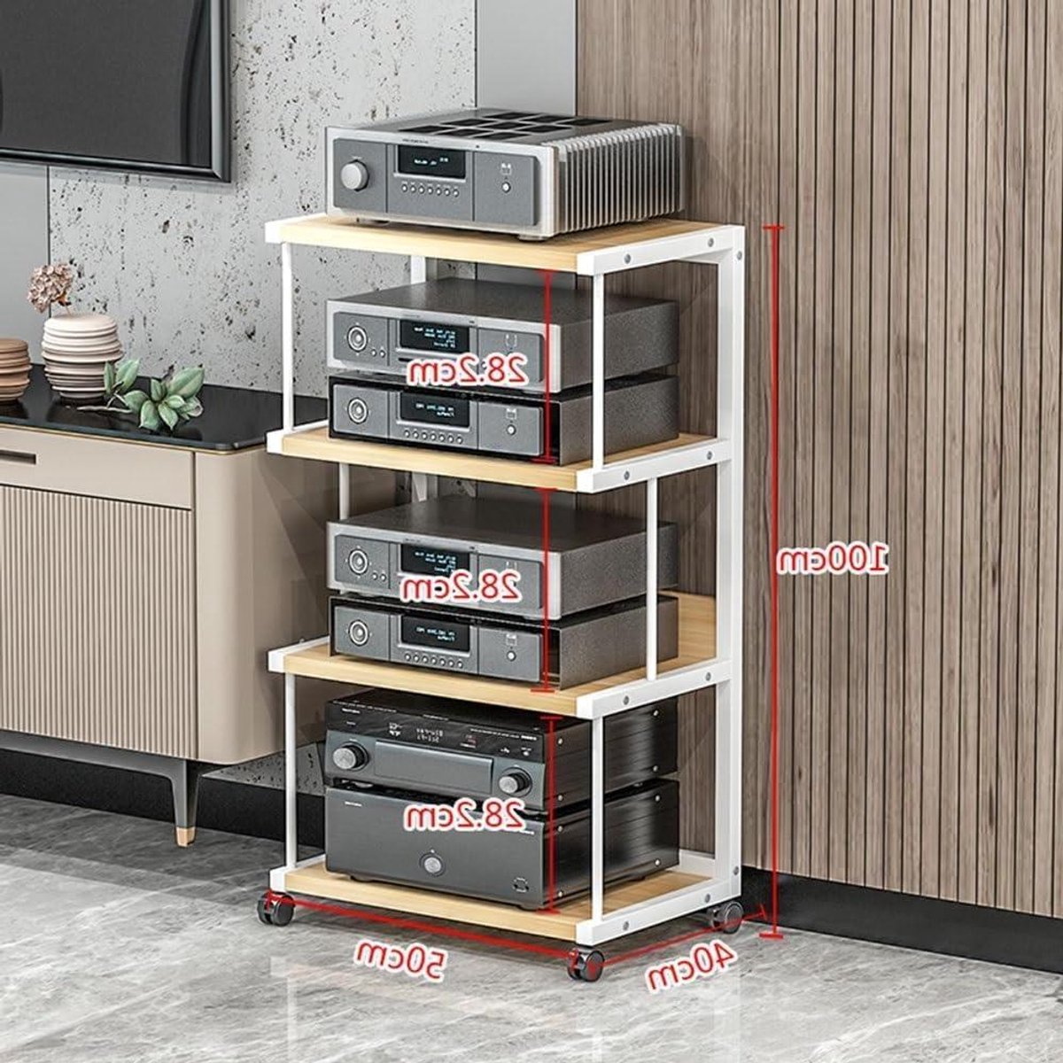 Audio Media Kast - Hifi Rek - Apparatuur Opslag - Draaibare Wielen - 3 4 Tier - Walnoot