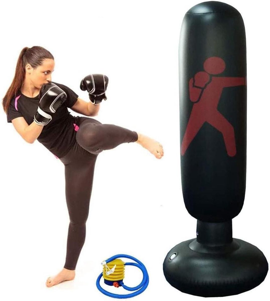 Opblaasbare Bokszak - Staande Cilinder - Fitness en Ontspanning - Stabiele Basis - 160 cm Hoog - Zwart