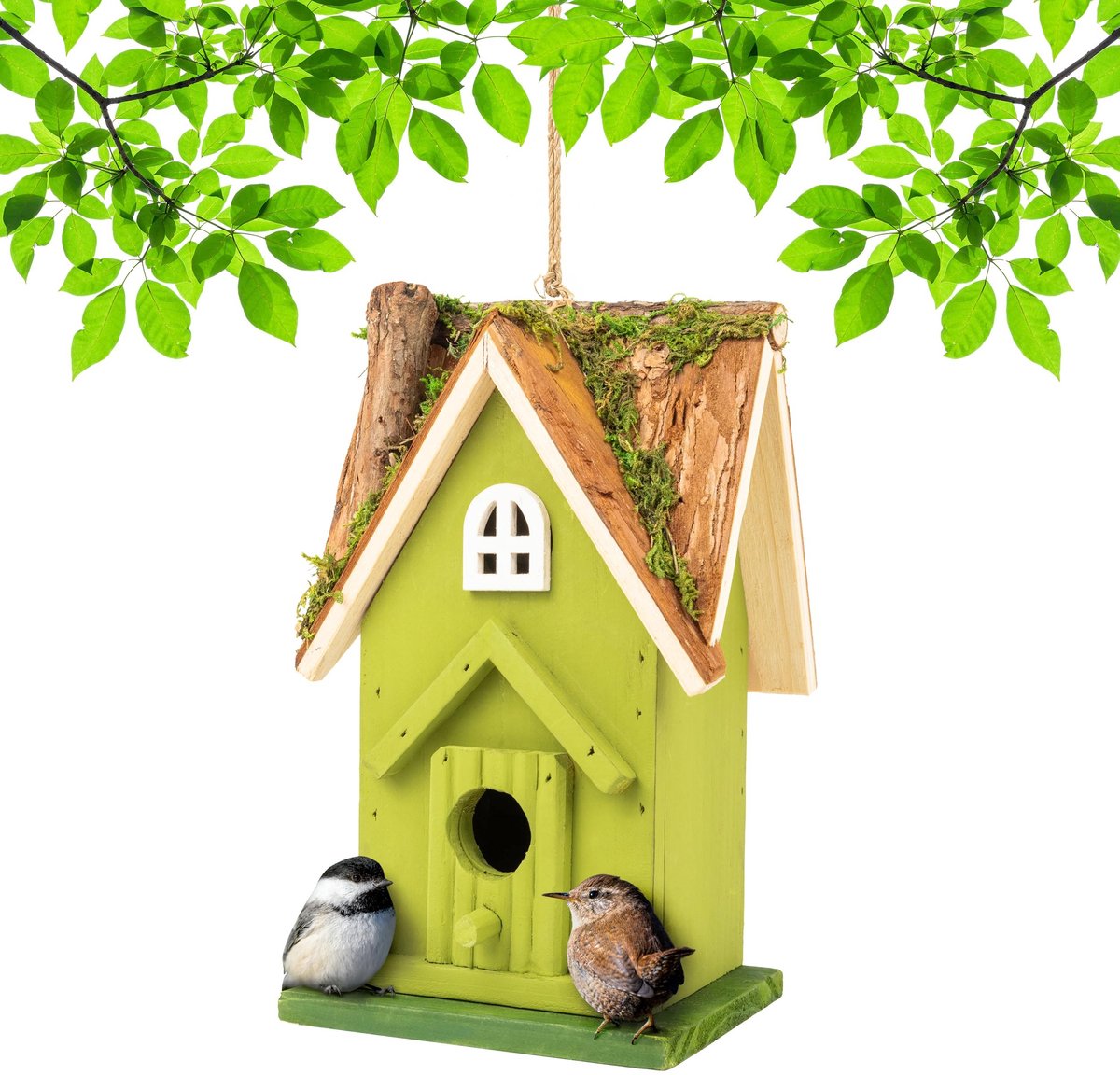 Dailygoods - Dailygoody - Rustiek handgemaakt vogelhuis - Tuinsanctuary voor vogels - Groen - Natuurlijke details - Perfect voor tuinen - Geschikt voor kardinalen