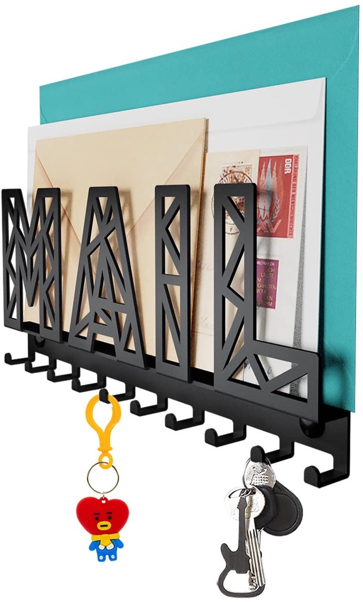 Dailygoods - Dailygoody - Sleutelrek - Sleutelhouder met brievenbakje - Roestvrij staal - Zwart - 10 haken - Eenvoudige montage voor thuisgebruik