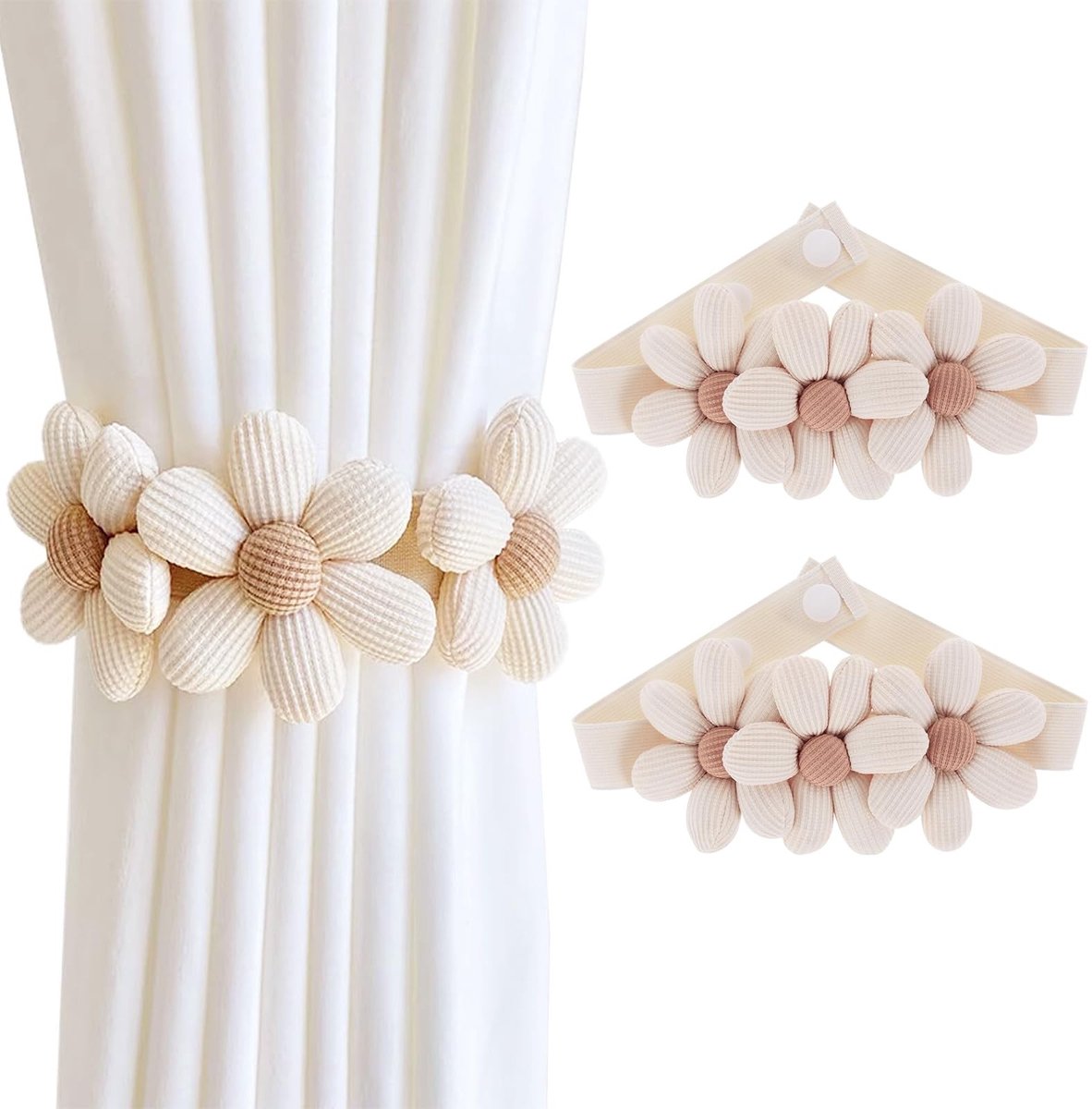 Dailygoods - Dailygoody - Gordijn Embrasses - Handgevlochten Bloemvorm - Beige - Elastische Gordijnhouders - Decoratief voor Thuis en Kantoor - 2 Stuks