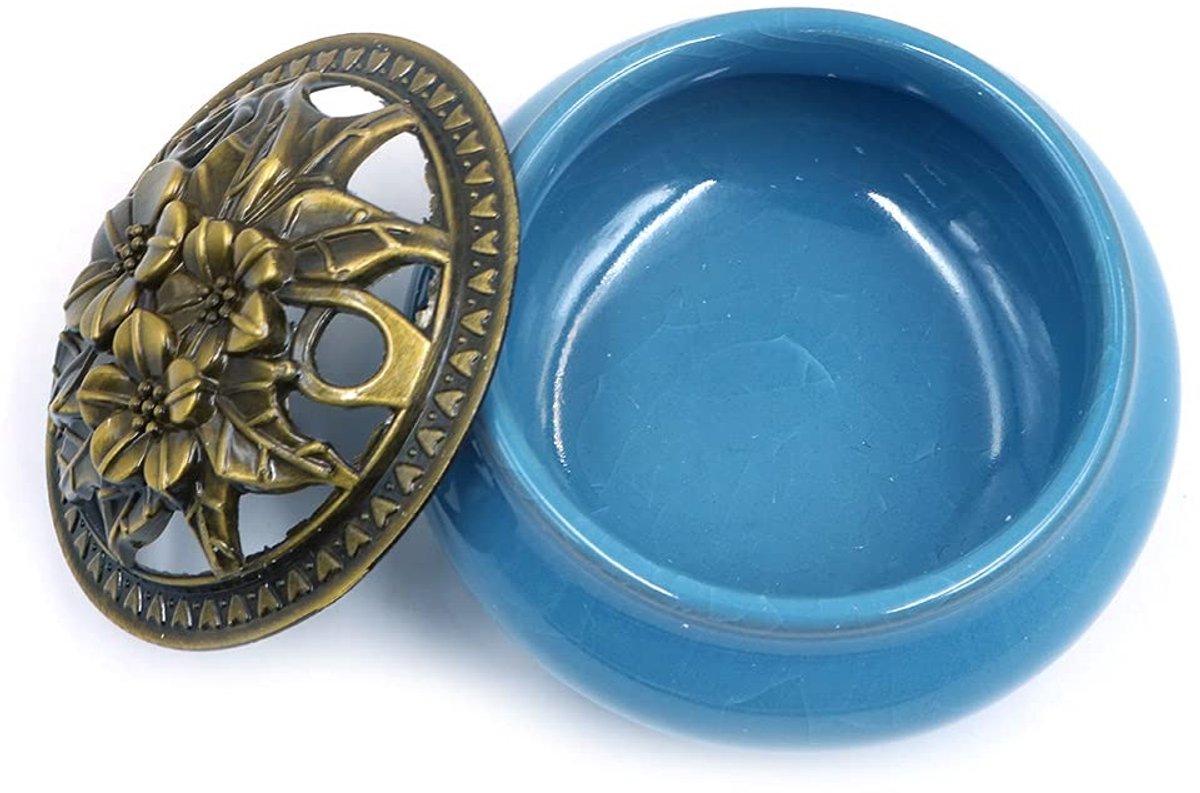 Dailygoods - Dailygoody - Porseleinen Wierook Houder Brander - Keramische Ash Catcher Tray - Blauw - Messing Calabash Wierook Stick Houder - Geschikt voor Sticks,