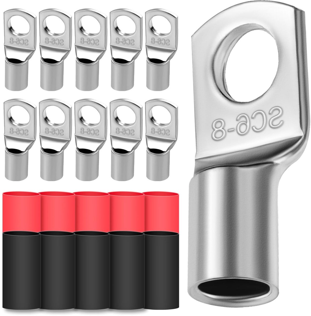 10 stuks kabelschoen, 6 mm², ringkabelschoen met M8 gat, verdikte koper, niet-geïsoleerd met 10 krimpkousen 3:1 voor stevige verbindingen