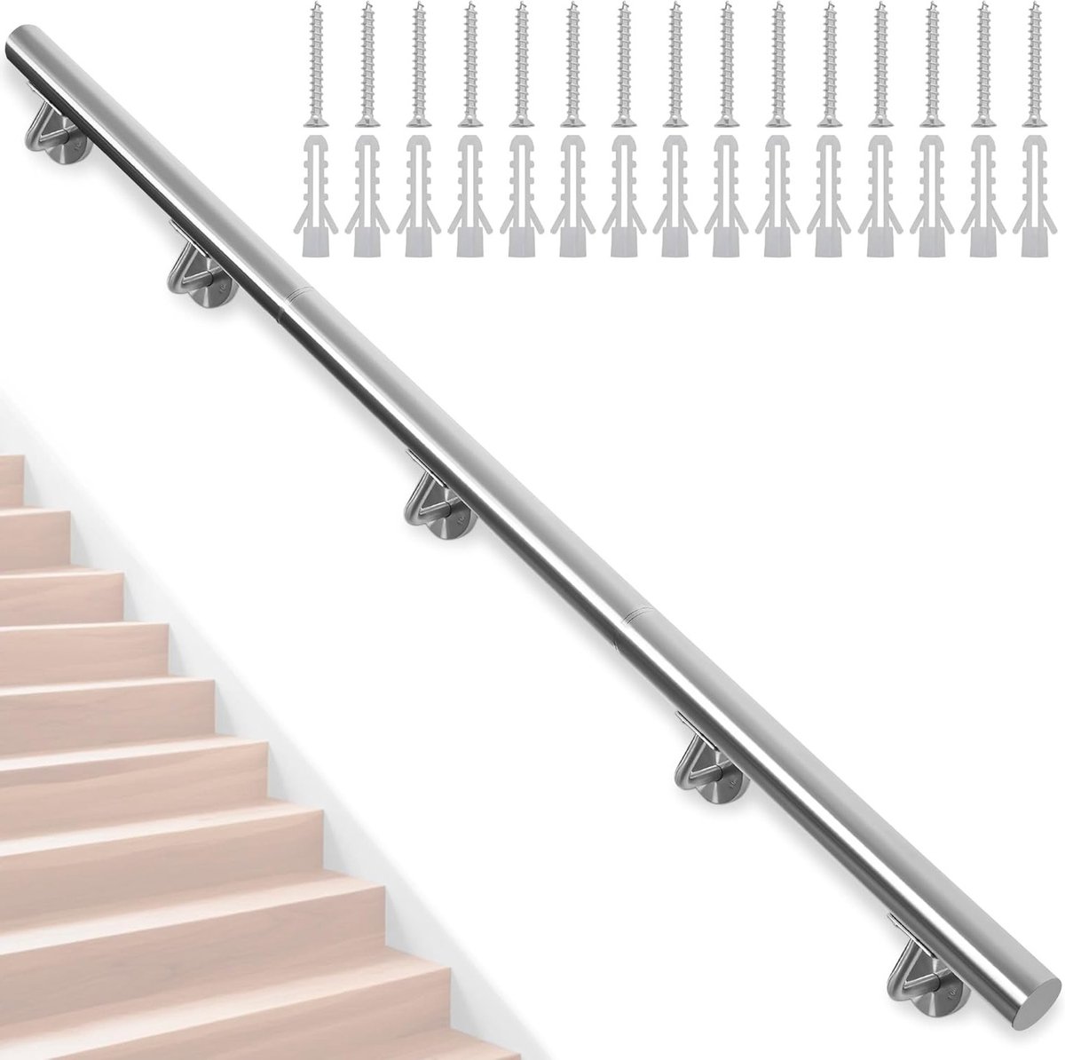 Roestvrijstalen trapleuning van 300 cm voor binnen- en buitengebruik, antislip en duurzaam, ideaal voor trappen, gangen en veranda's.