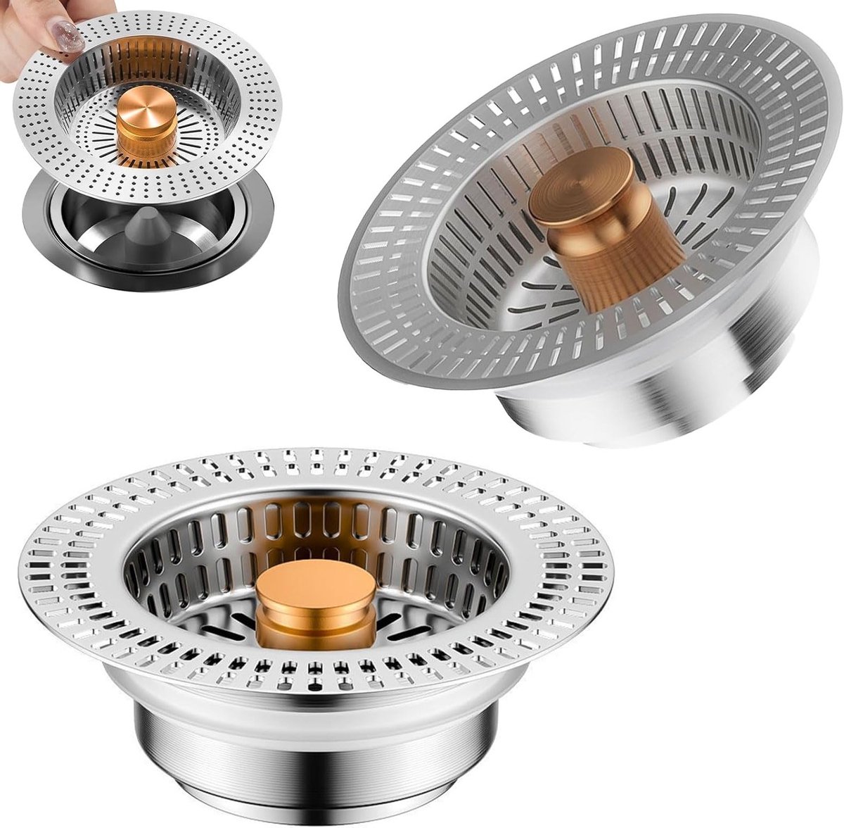 Set van 2 3-in-1 Filters voor Keukenspoelbak - Roestvrij Staal, Verstoppen Voorkomen, Geschikt voor 41mm Diameter en 41mm Diepte