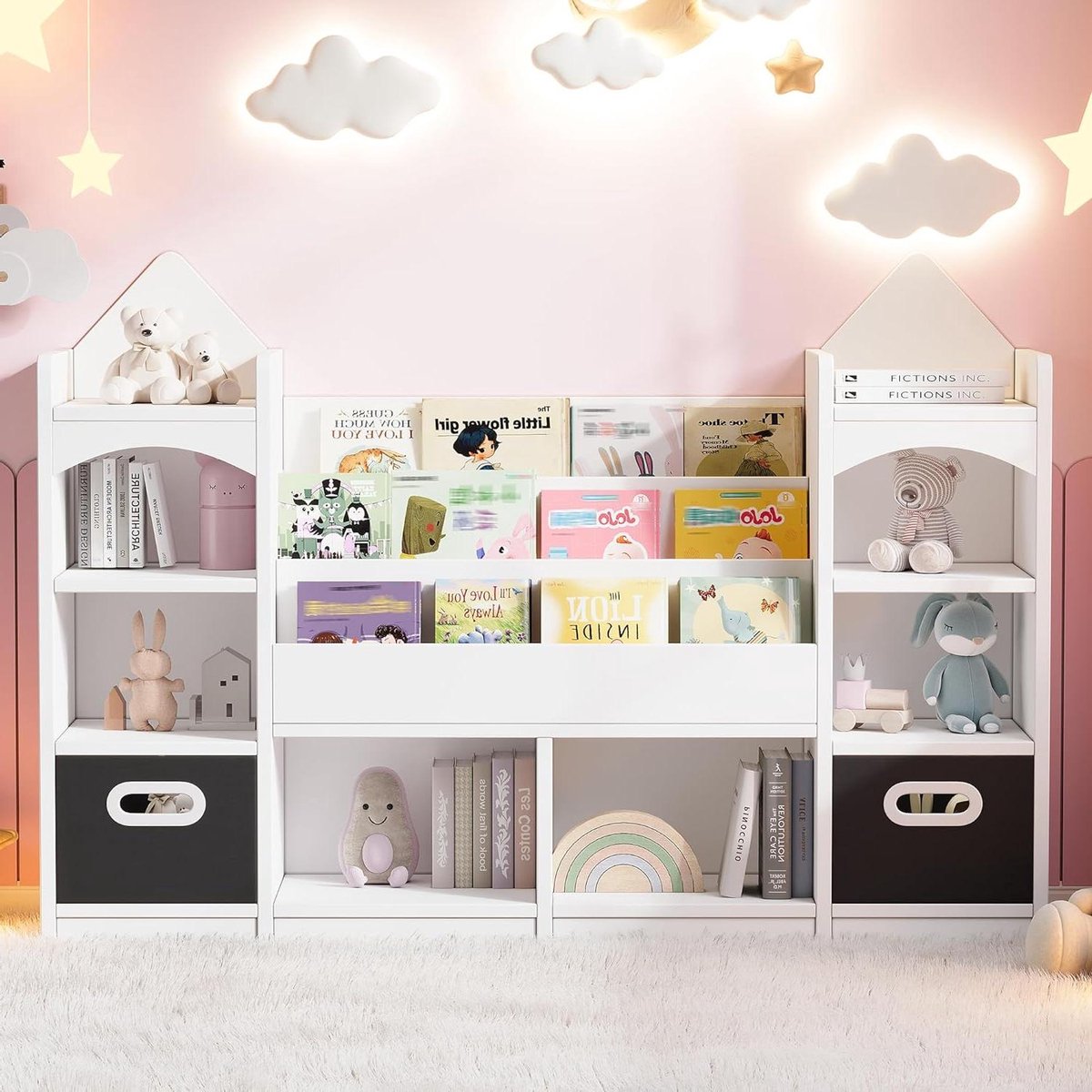 Kinderboekenkast - Opbergkast - Speelgoed Opbergen - Met 2 dozen - 130x30x90cm - Wit