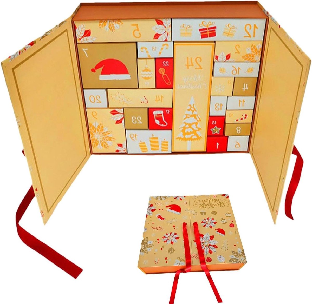 Hervulbare Kalender Doos - Kerst Aftelbox - Feestelijke Verrassing - 24 Roosters Verschillende Maten - 33x30.5x8cm - Kerstpatroon