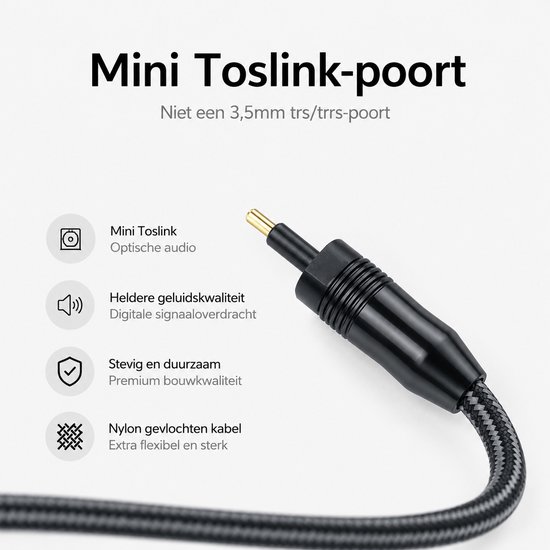 Zwarte Mini Toslink-stekker met gouden pin en gevlochten kabel. "Mini Toslink-poort"