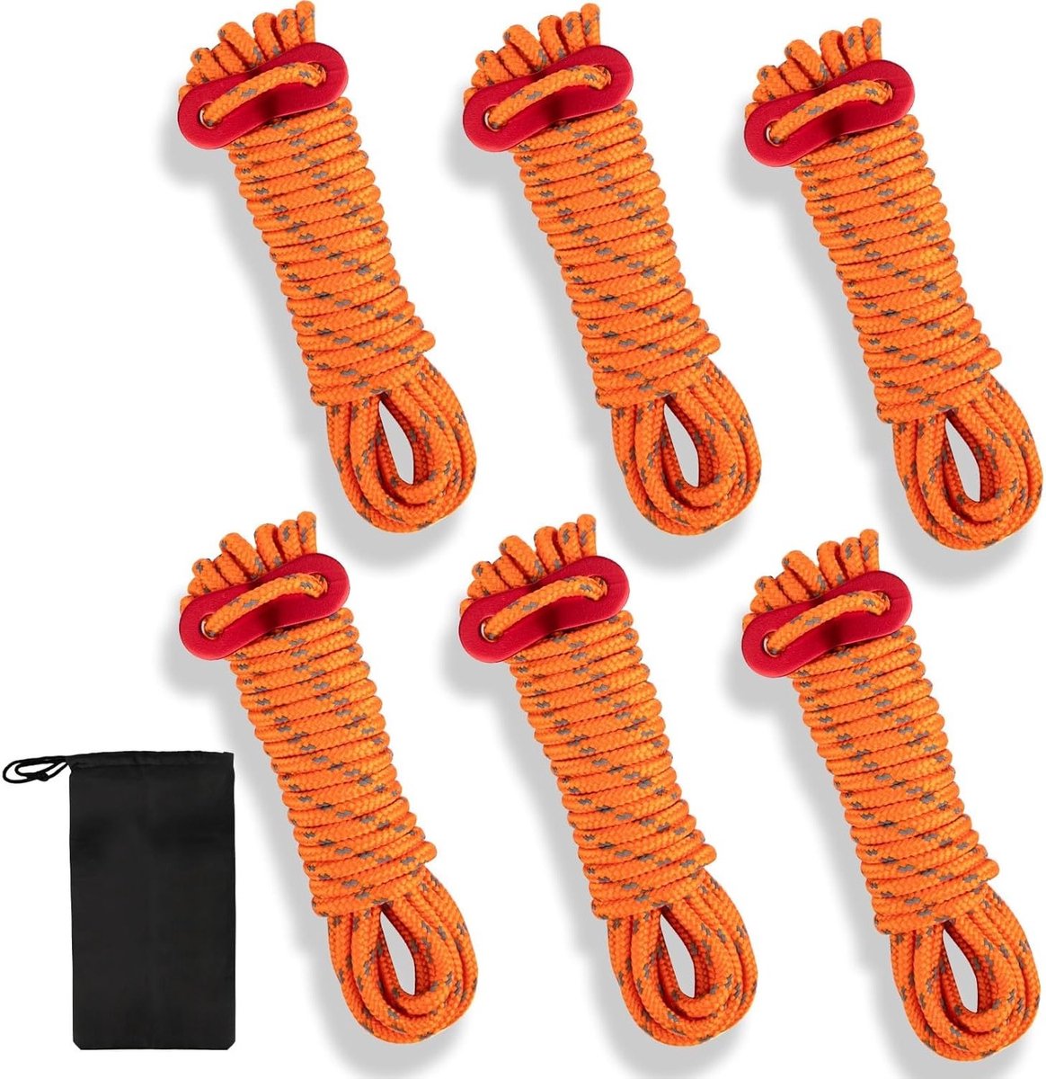 Reflecterende Bindlijnen met Spanner, 4m Nylon Touw voor Kamperen, Luminous Tentlijn voor Zonnescherm en Buitenactiviteiten (6 Stuks Oranje)