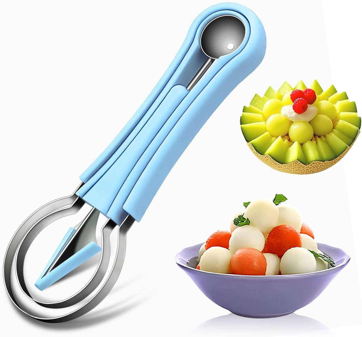Roestvrijstalen Fruit Set – 4-in-1 Melon Baller, Carver En 2 Watermeloen Scoopers – Compact En Stapelbaar - Blauw