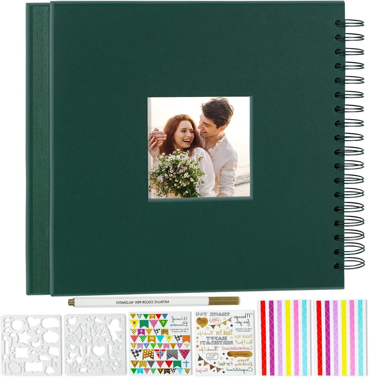 DIY Scrapbook Album 20.5 x 20.5 cm met Hard Cover en Venster - Lege Kraft Papier Bladzijde voor Foto's, Gastenboek en Herinneringen (Donkergroen)