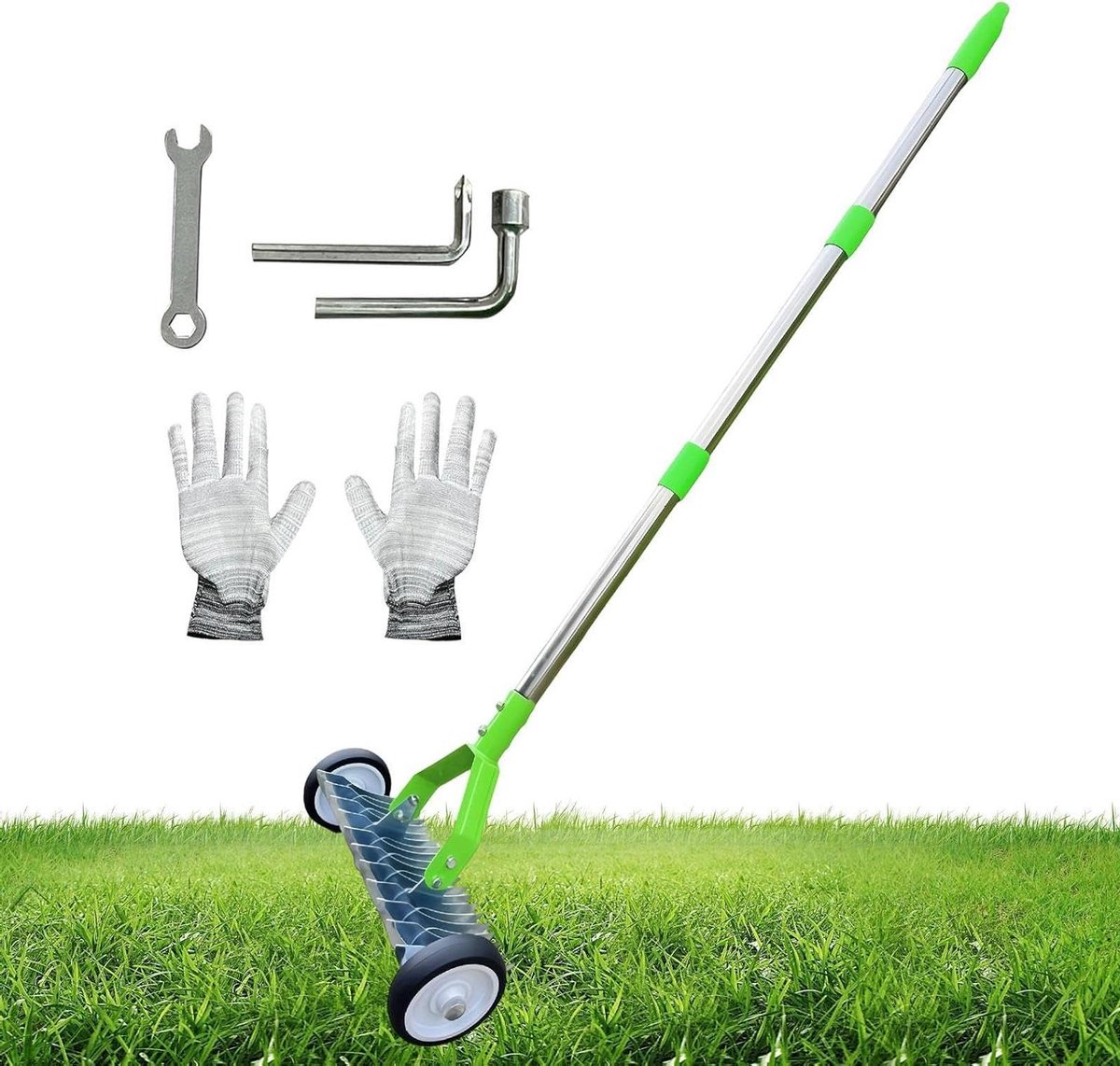 Vilthark Verstelbaar - Gazon Hark - Gazon Onderhoud - Rol Ondersteund Duwen - 14cm Breed - Groen