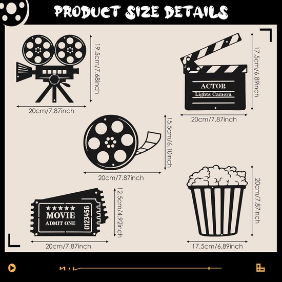 Metalen Muurdecoratie - Home Cinema - Film Sfeer Creëren - Set van 5 - Diverse Maten - Zwart — afbeelding 5