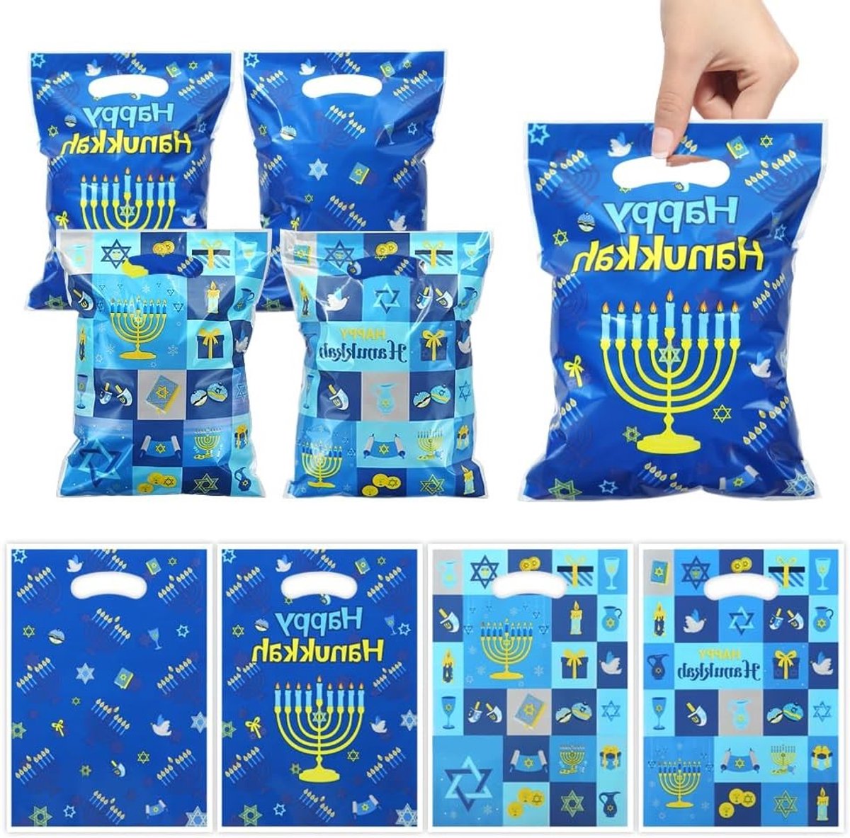 50 Stuks Blauwe Geschenkzakken voor Chanoeka - Plastic Treat Zakken met Menorah en Dreidel Patroon voor Snoep en Goodies - Perfect voor Joodse Feestdagen en Partijen