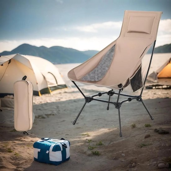 Verstelbare Campingstoel - Hoge Rugleuning met Hoofdkussen - 2 Hoogte-instellingen (90cm & 75cm) - Incl opberghoes - 58 x 74 x 90 cm - Max 120kg - Khaki — afbeelding 3