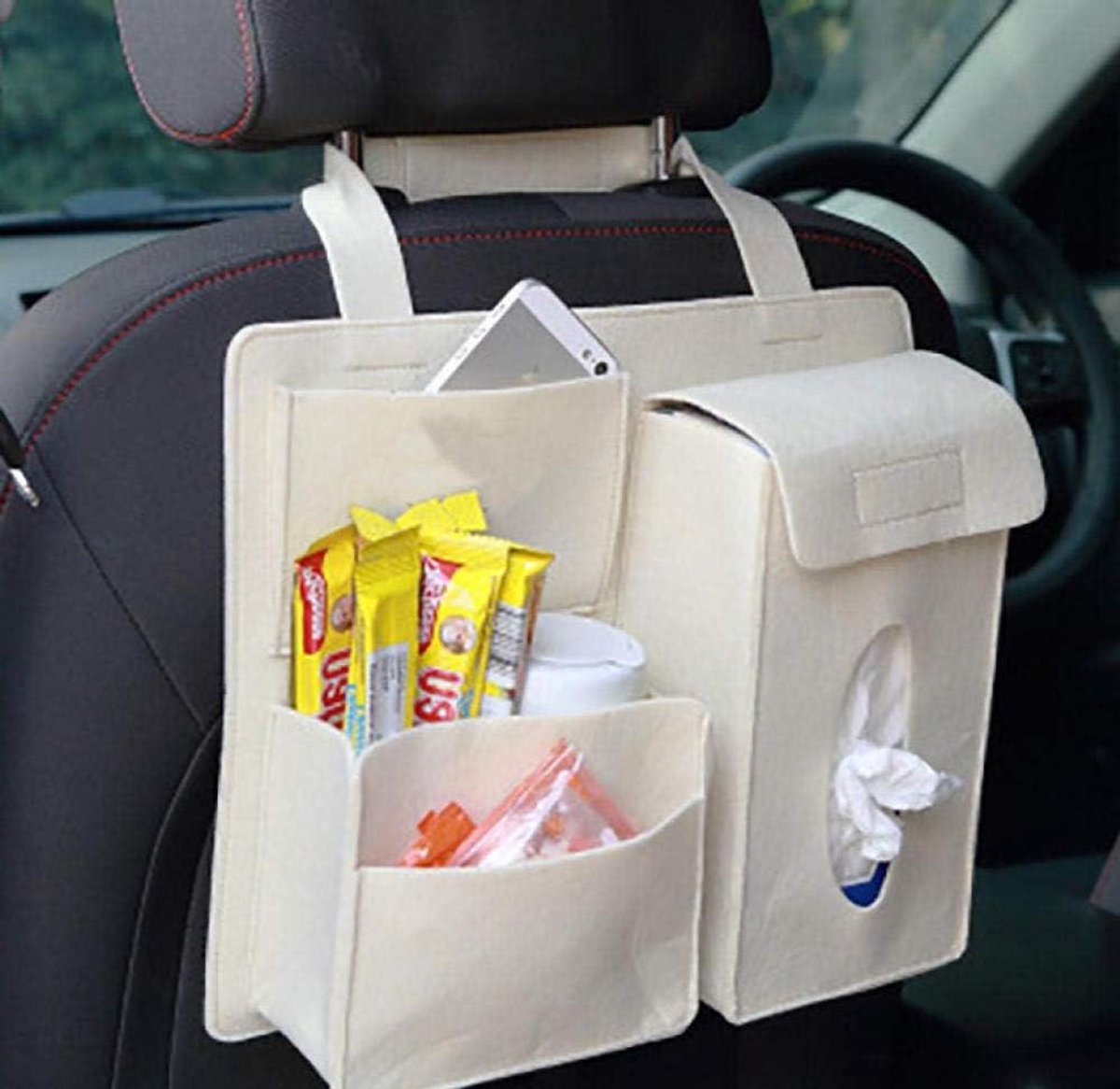 Auto Opbergtas - Puin Tas - Auto Organiseren - Klittenband Ontwerp - 32x28x8.5 cm - Beige