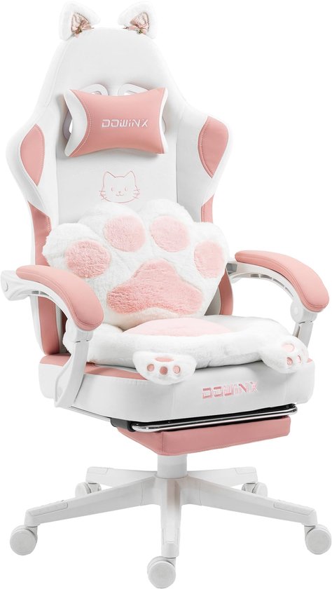 Roze-witte gamingstoel met kattenoren, pootkussen en verstelbaar voetsteun.