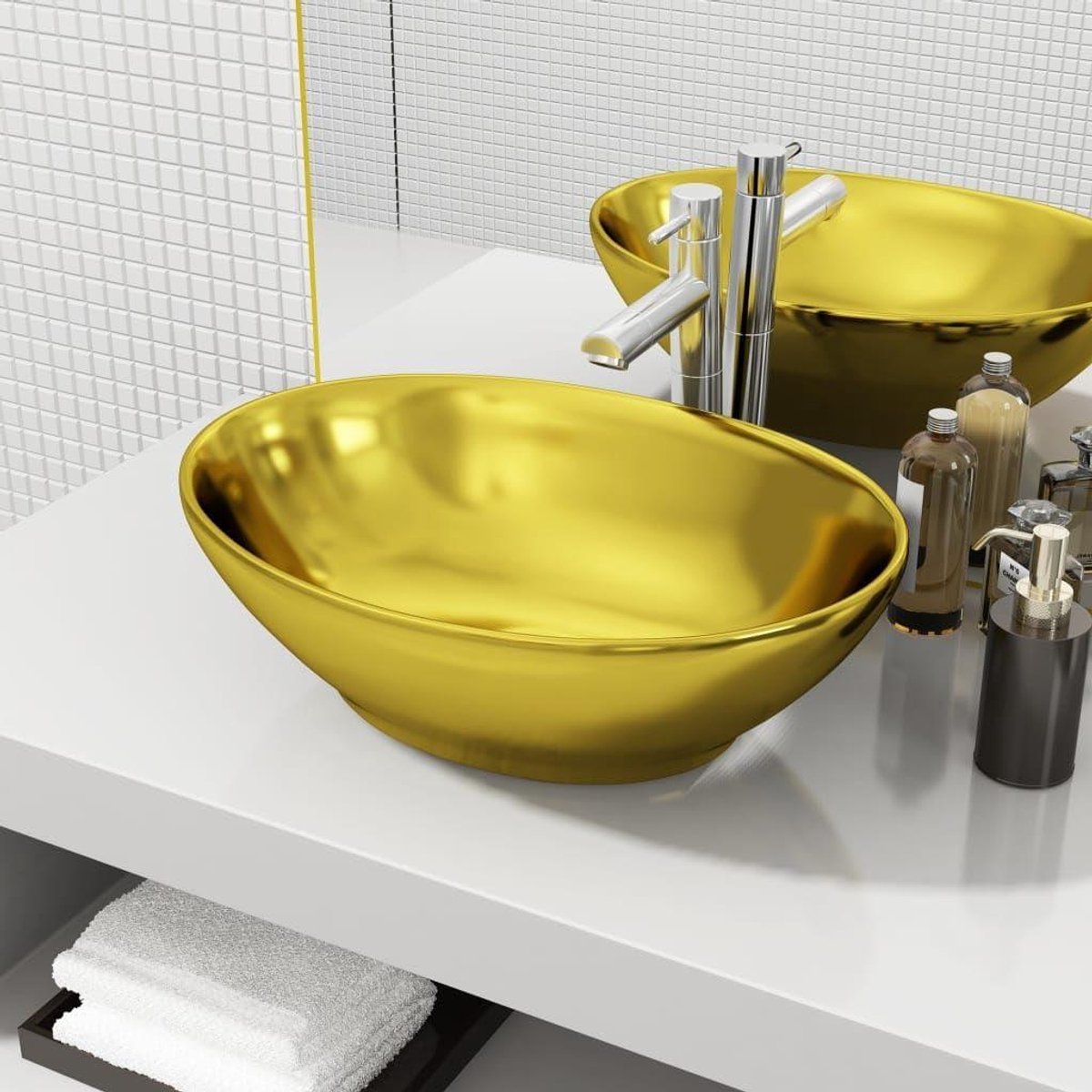 Wastafel Keramiek - Waskom Goud - Badkamer Inrichting - Eigentijdse Vormgeving - 40x33 cm - Goud