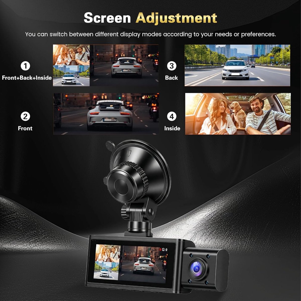Auto Dashcam - Rijcamera Voertuig - Veilige Rit Registratie - Drie Camera's HD - 3.16 Inch Scherm - Zwart – foto 2