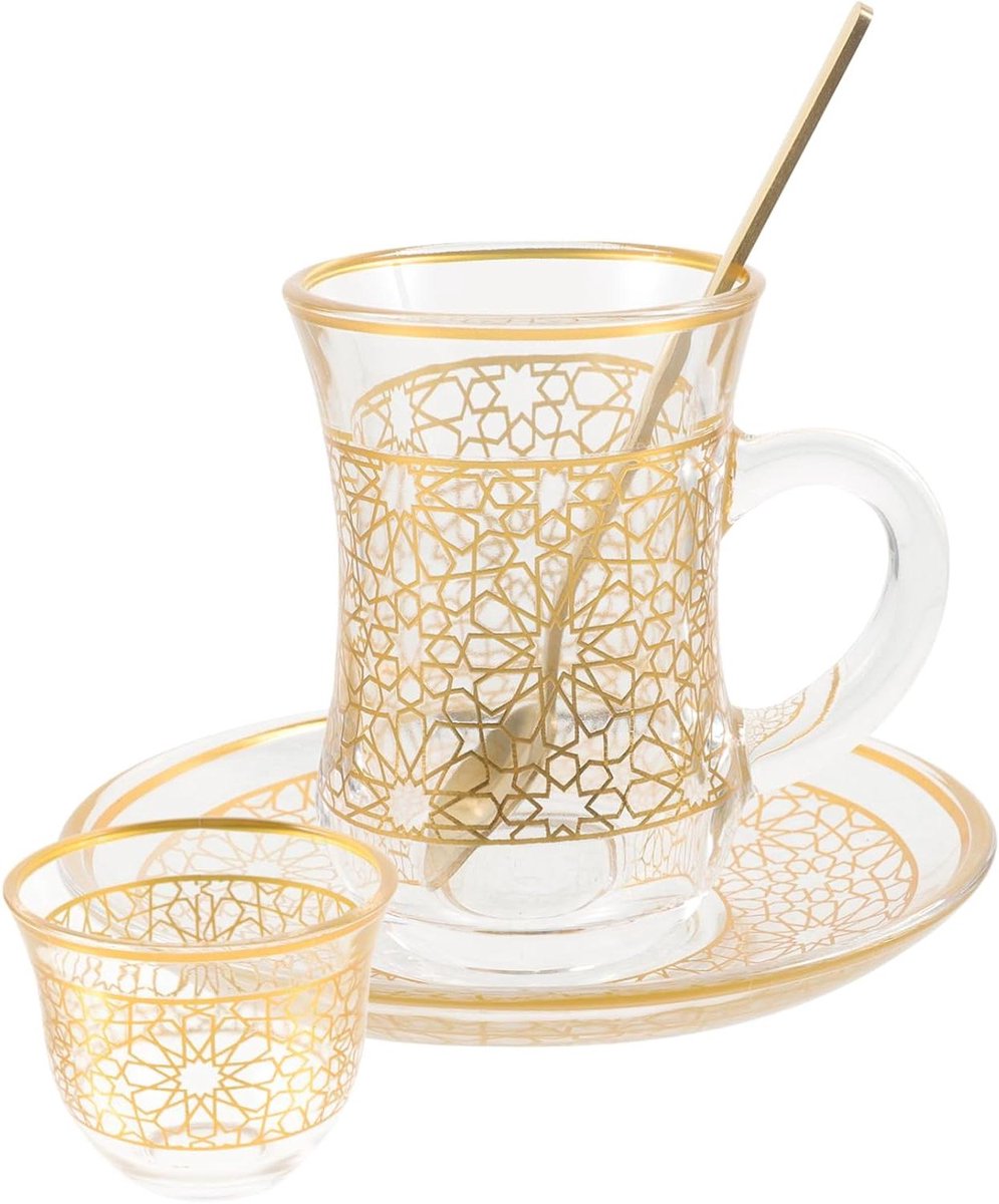 Decoratieve Bekerset - Glazen Mok Met - Dranken Serveren - Inclusief Schotel - 200 Ml - Goud