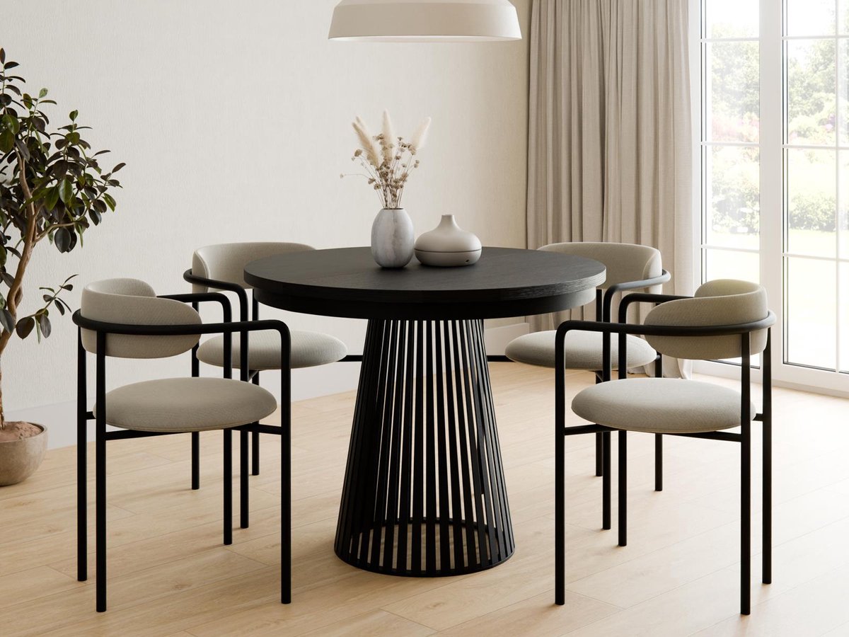Compleo24- Ronde Eettafel- met lattenbodem-moderne ronde Eettafel-Zwart 100 cm- Eettafel met geribbelde basis