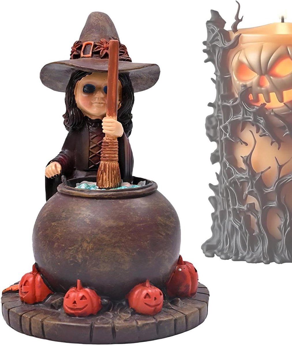 Heks Beeldje - Ketel Spook - Halloween Decoratie - Bubbel Effect - 14.5 cm Hoog - Meerkleu