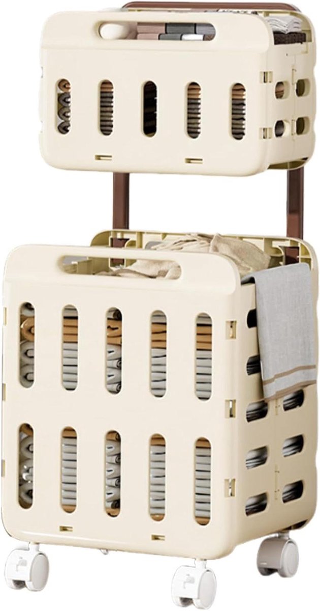 Opvouwbare wasmand Kledingmand wielen Was sorteren thuis Dubbellaags ontwerp 47 x 41 x 14 cm Romig