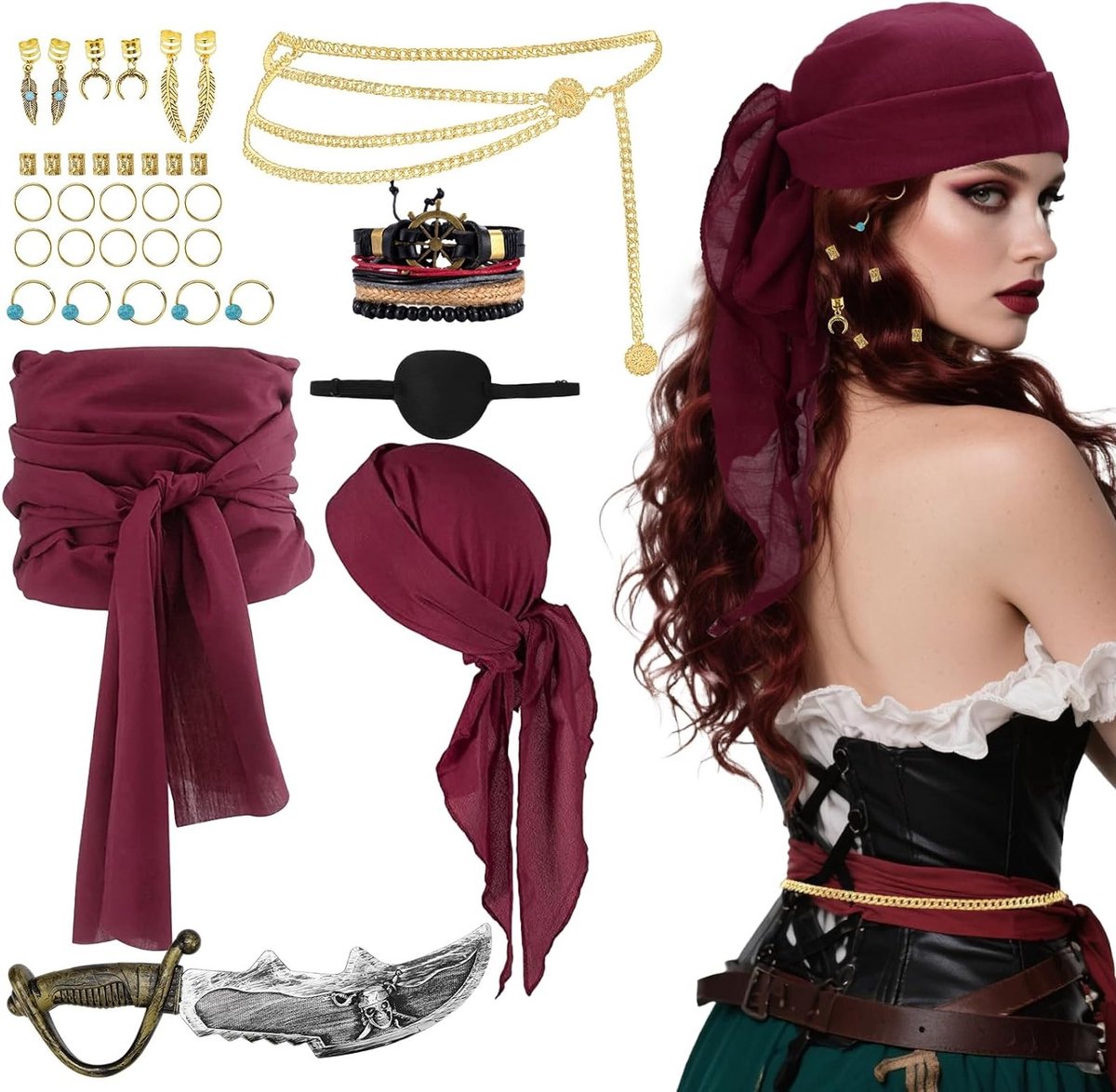 Middeleeuws Piraten Kostuum Accessoires Set voor Vrouwen - Hoed, Zwaard en Sieraden