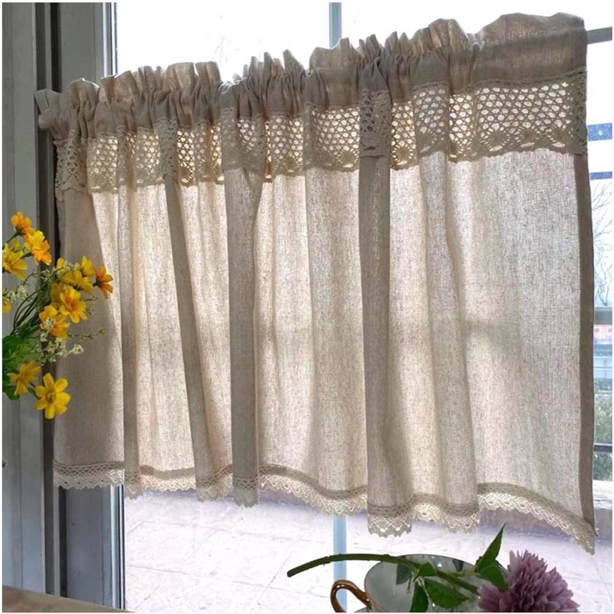 Kort Gordijn - Vitrage Valletje - Keuken Decoratie - Katoen Linnen - 140x130cm - Multicolor