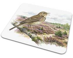 Muismat Boompieper (Anthus trivialis) Zingend op Berkentak in Paars Heidelandschap - Aquarel Series Vogel Illustratie - Cadeau voor Vogelvriend en Natuurliefhebber - Bureau Accessoire voor Thuiswerkplek en Kantoor