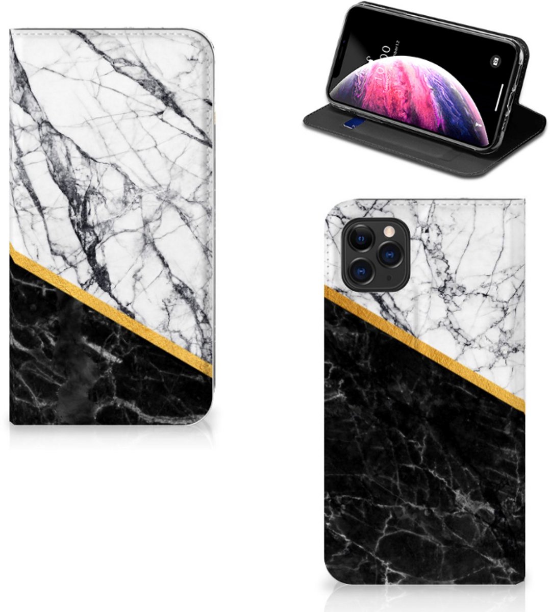 Apple iPhone 11 Pro Max Standcase Marmer Wit Zwart - Origineel Cadeau Man