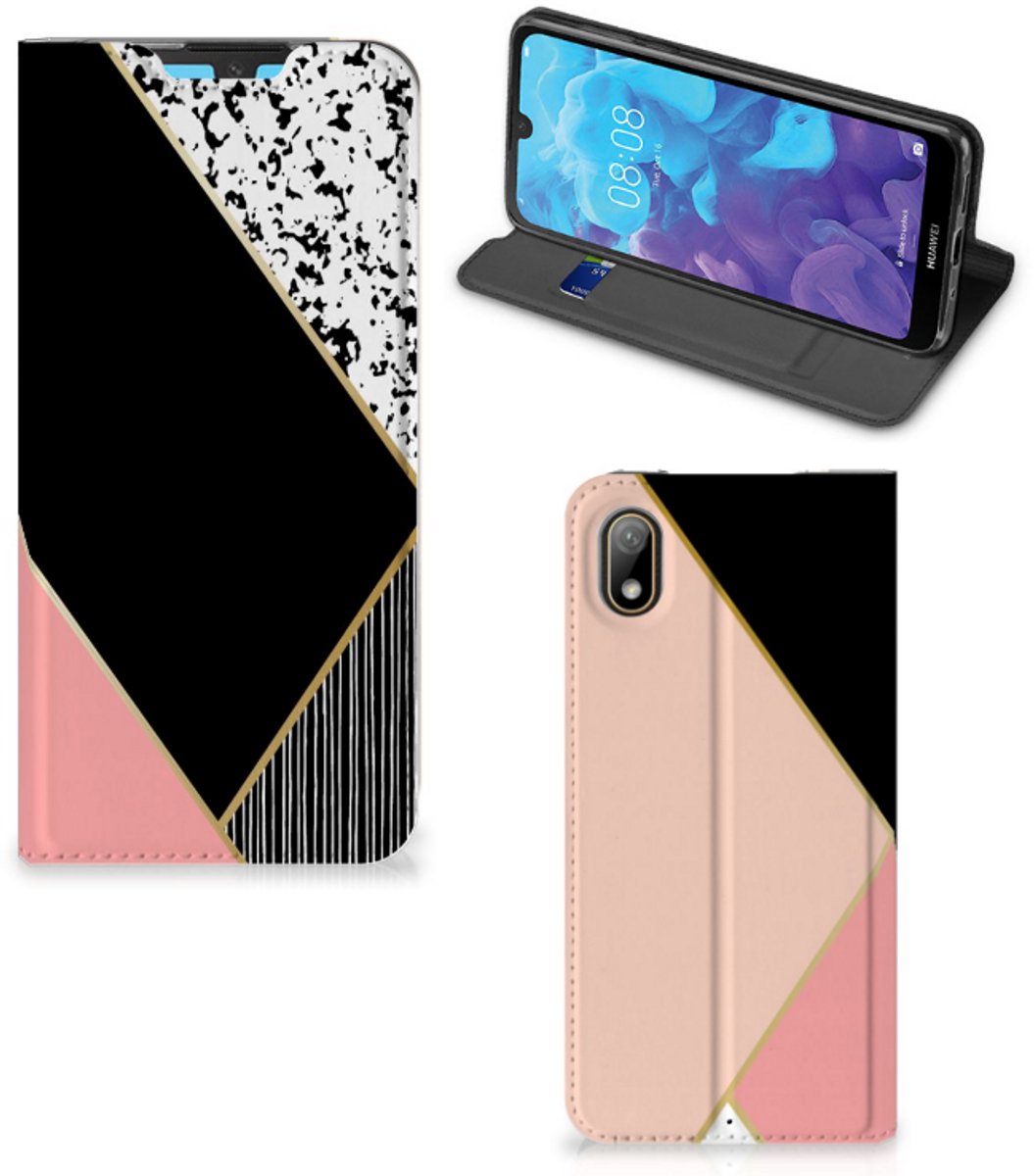 Huawei Y5 (2019) Stand Case Zwart Roze Vormen