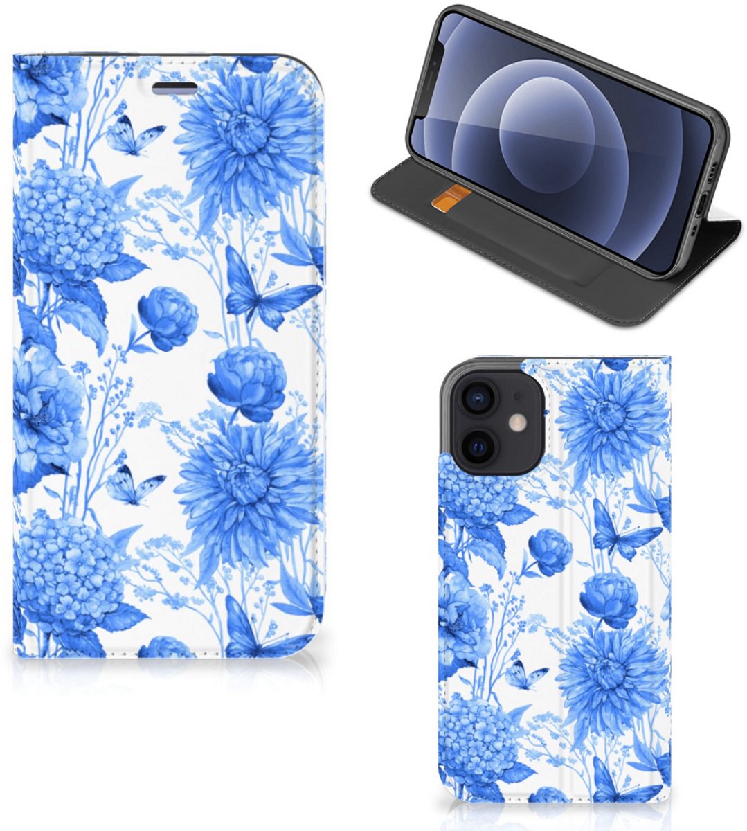 Standcase Hoesje voor Smart Cover voor iPhone 12 Mini Flowers Blue