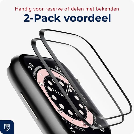 Twee screenprotectors zwevend boven een Apple Watch.