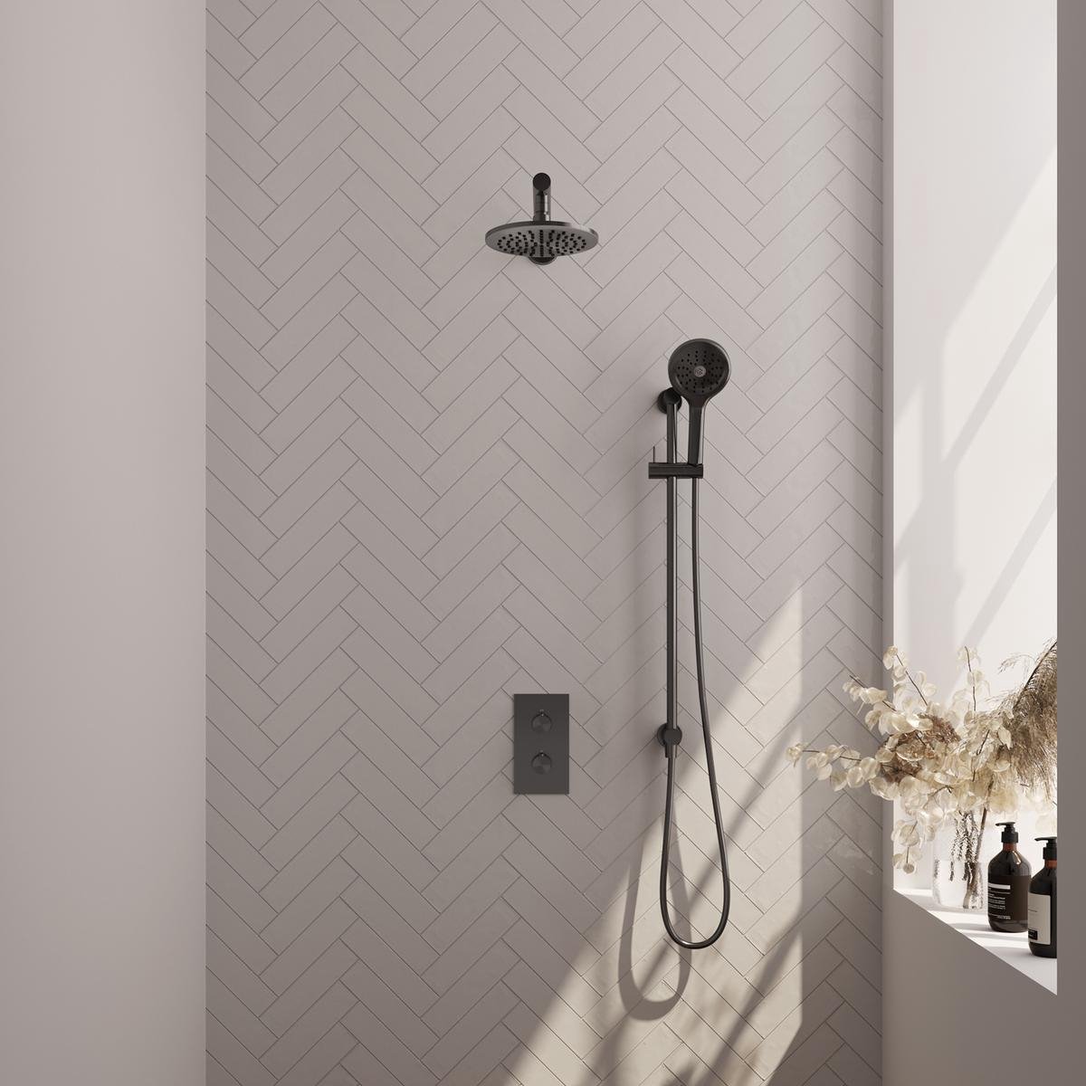 Brauer Gunmetal Edition Thermostatische Regendoucheset Inbouw - Hoofddouche 20 cm - Rechte Wandarm - 3 Weg - Handdouche 3 Standen - Doucheslang - Geintegreerde Glijstang - Gunmetal