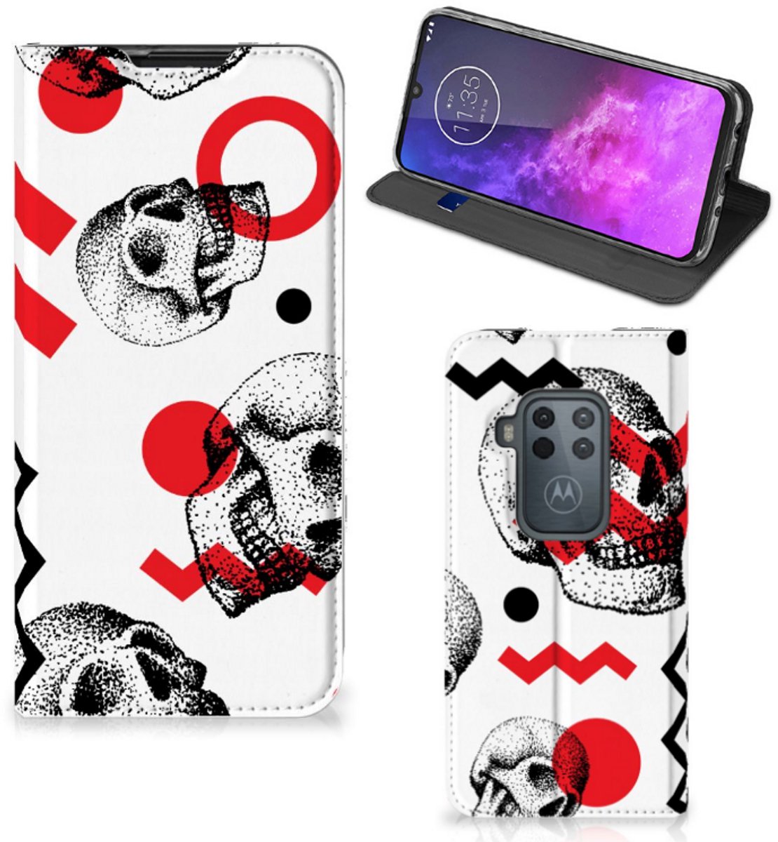 Mobiel BookCase Motorola One Zoom Skull Red