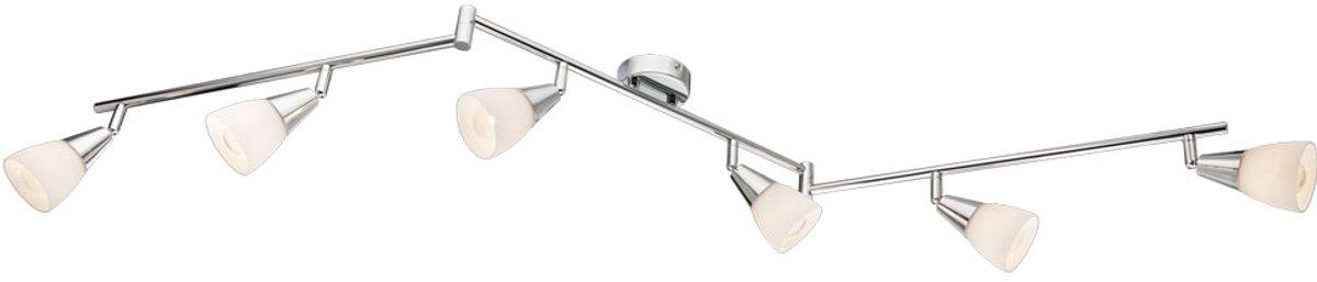 Plafondlamp spot verstelbaar woonkamerlamp plafondlamp 6 vlammen, opaal glas, verchroomd metaal, 6x E14, LxH 145 x 19,5 cm