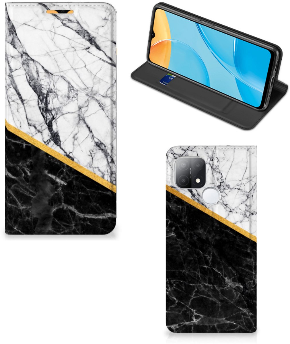 Book Case voor OPPO A15 Standcase Marmer Wit Zwart - Origineel Cadeau Man