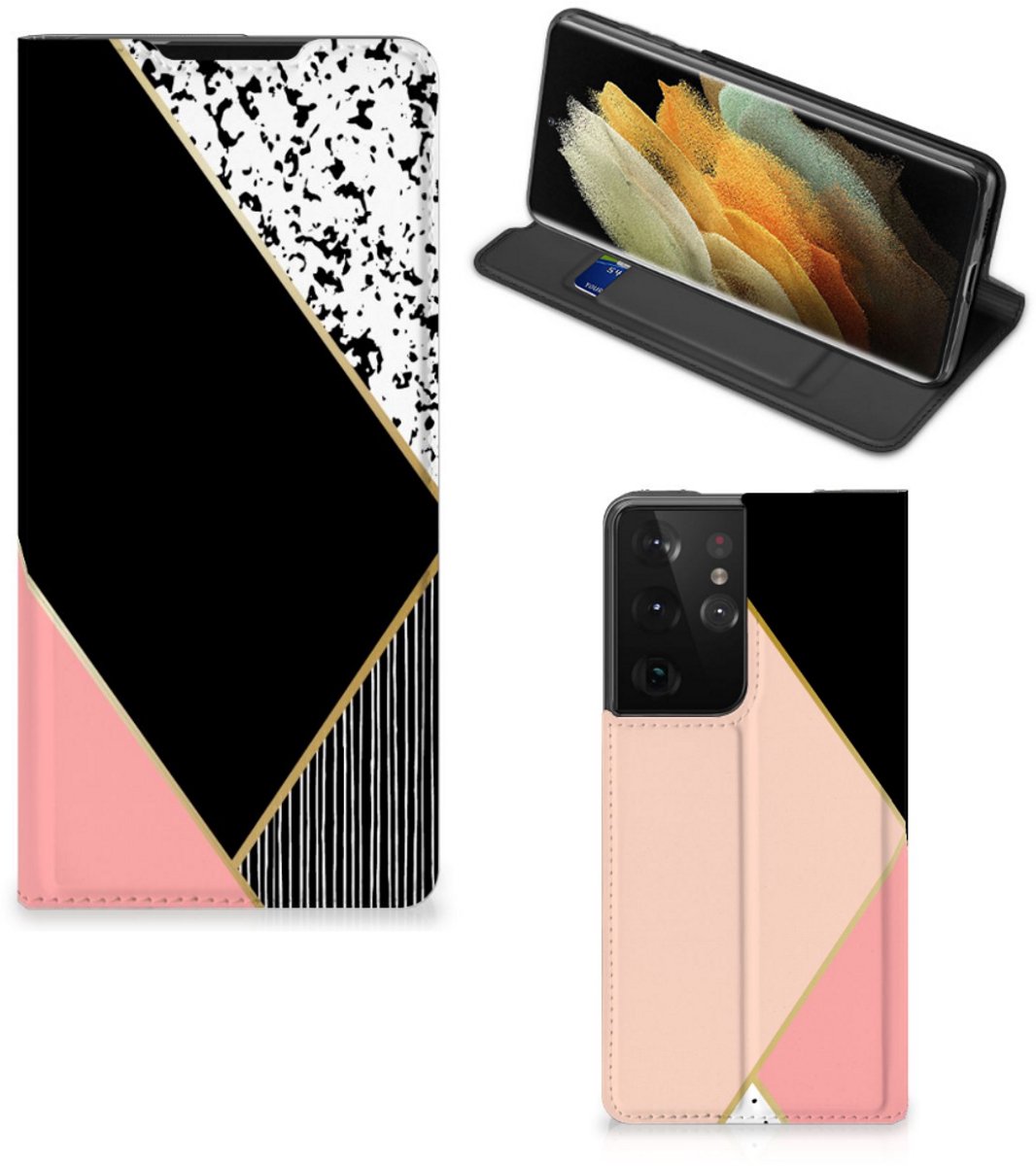 Samsung Galaxy S21 Ultra Stand Case Zwart Roze Vormen