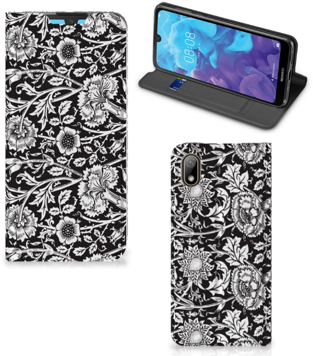 Book Case voor Huawei Y5 (2019) Smart Cover Black Flowers