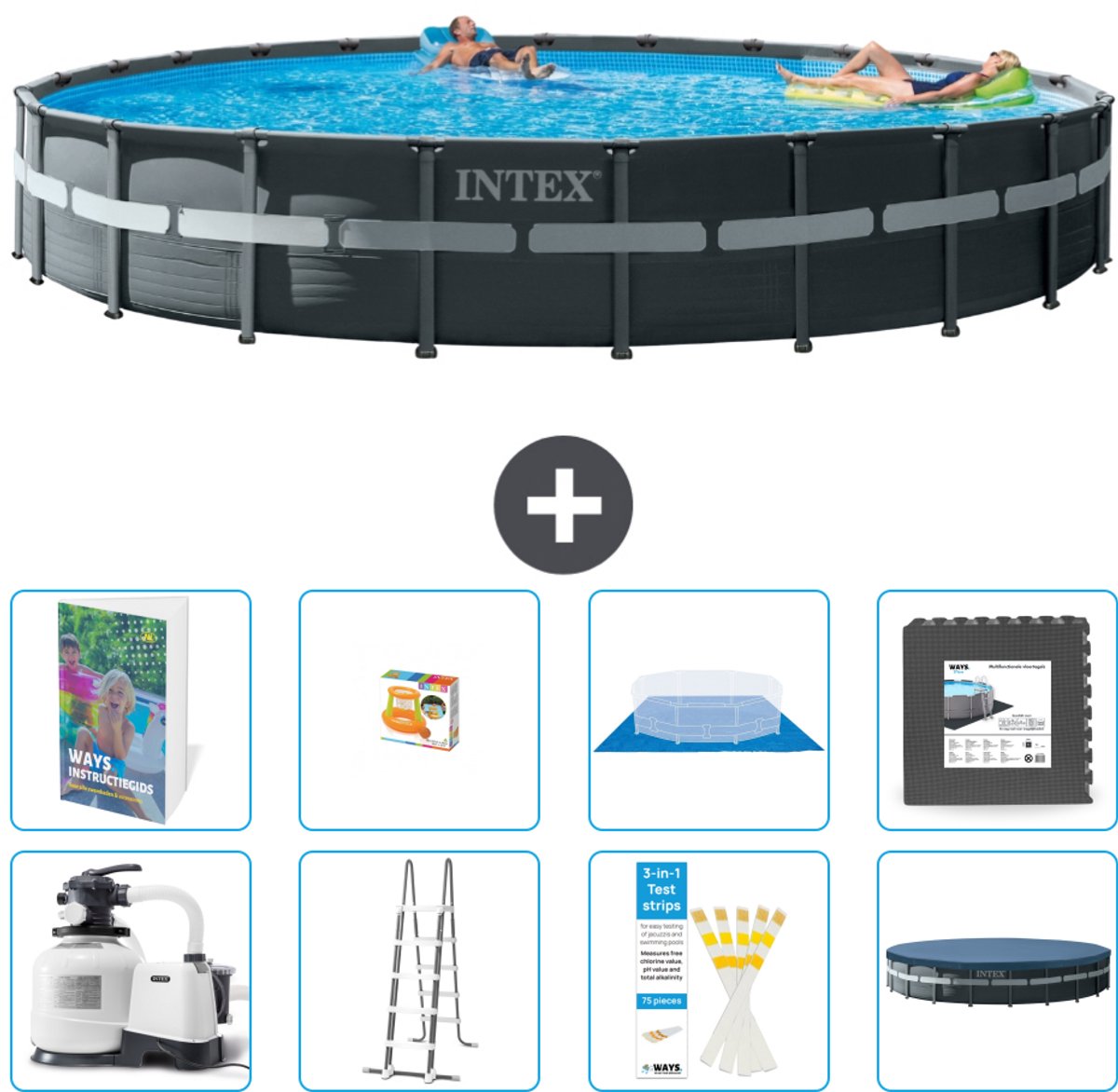 Intex Rond Ultra XTR Frame Zwembad - 732 x 132 cm - Inclusief Pomp - Ladder - Grondzeil - Afdekzeil - Speelgoed - Vloertegels - 9-delig