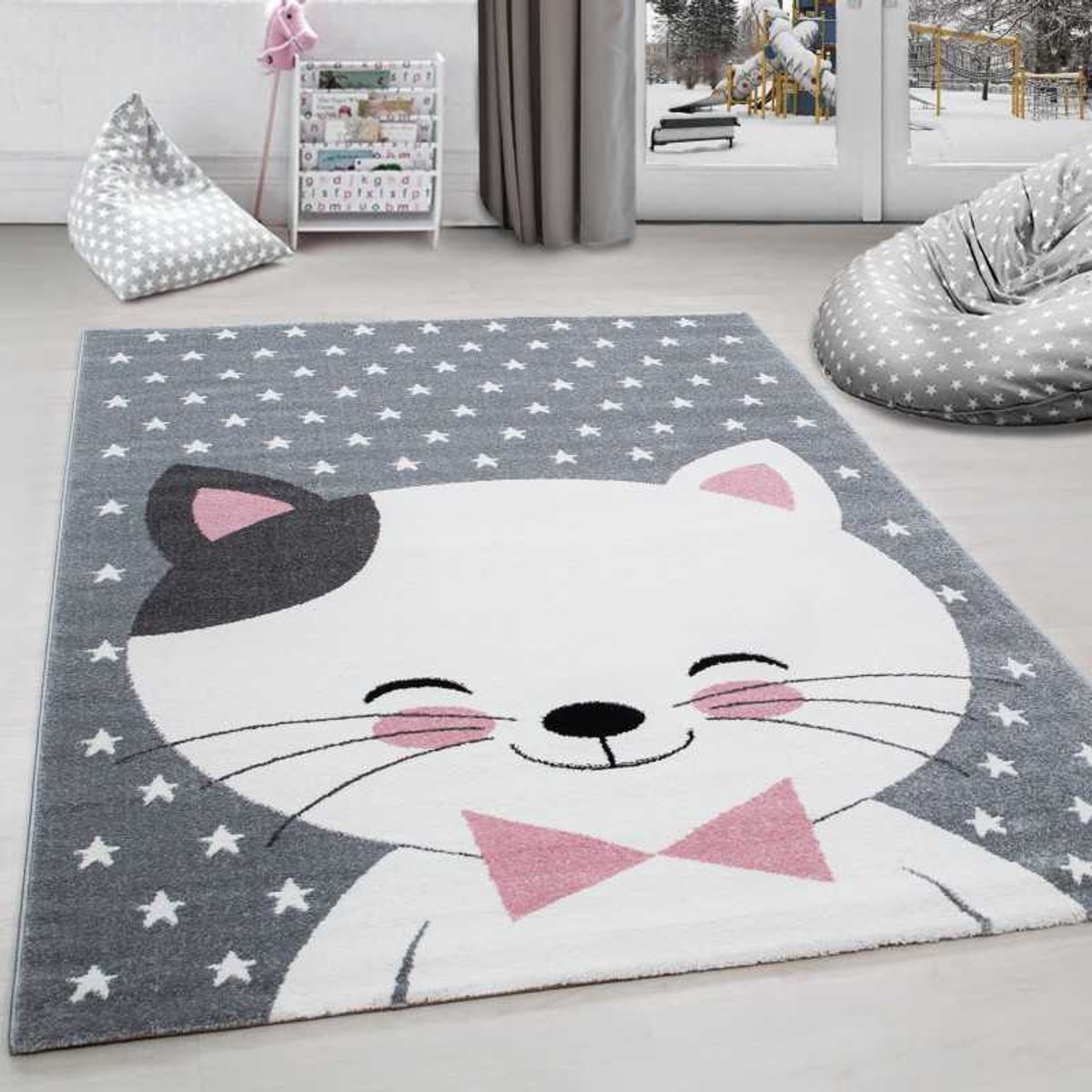 TapisTrend Kinderkleed Roze 120 cm rond Kinderkamerkleed met kat en sterren