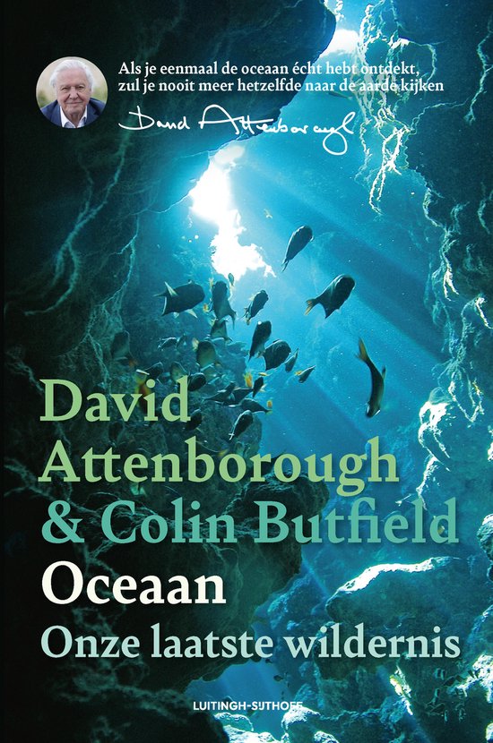 Livre "Océan" avec une photo de David Attenborough et un banc de poissons dans une grotte sous-marine, avec la lumière du soleil traversant l'eau.