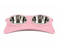 Voerbak Hond en Kat – Dubbele RVS Bakken – Roze – 40 x 20 cm – Antislip