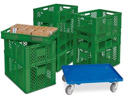 Set van 11 Stapelbakken Euromaat 600x400mm in 4 Hoogtes + Gratis Transportwagen