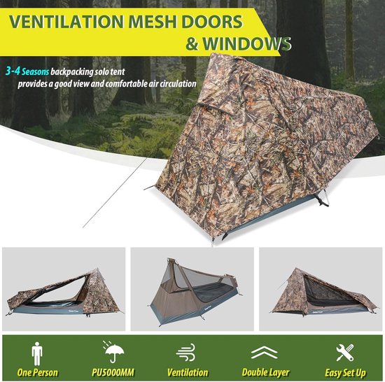 Kampeertent - Trekkerstent Bivakzak - Outdoor Kamperen - Lichtgewicht 1 Persoons - 245 x 120 x 110 cm - Bladgroen — afbeelding 2