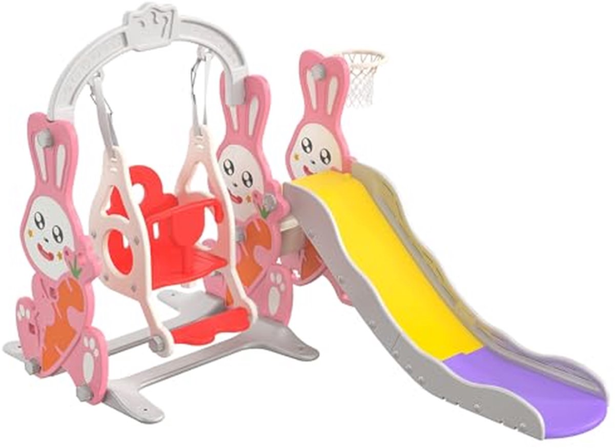 4-in-1 Kinderglijbaan voor Binnen en Buiten met Schommel en Basketbalmand