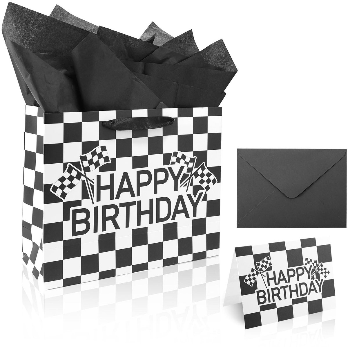 MTTproducts- Cadeauzakken Verjaardagsthema - Racefeest - Papier Zwart/Wit - Geschenktas 26x32x12cm - Wenskaart en Envelop - Inclusief Sneeuwpeerpapier 50x70cm - Feestzakken